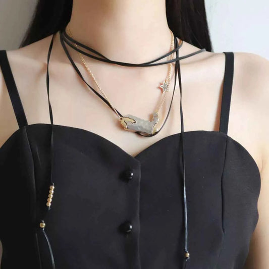 2 Piece Layered Leather Cord Boot Pendant Necklace Black onesize Trendsi