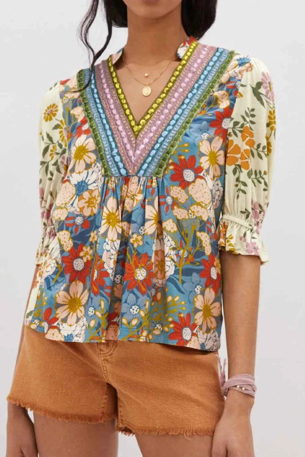 Multicolour Crochet V Neck Half Sleeve Boho Floral Blouse Trendsi