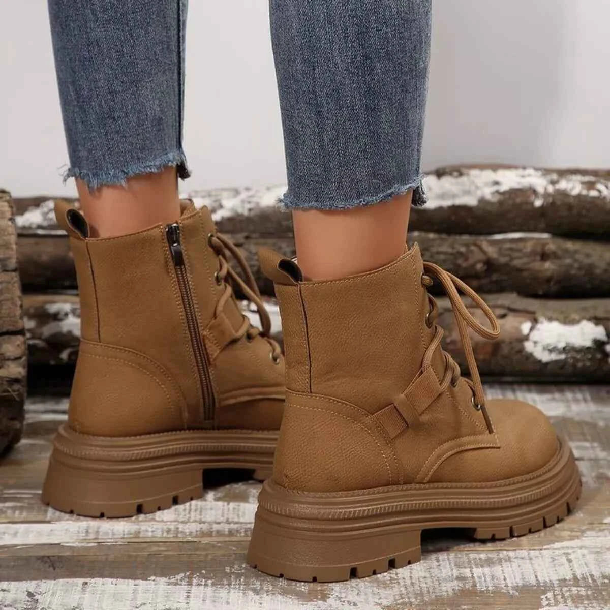 Round Toe Lace Up Platform Boots Trendsi