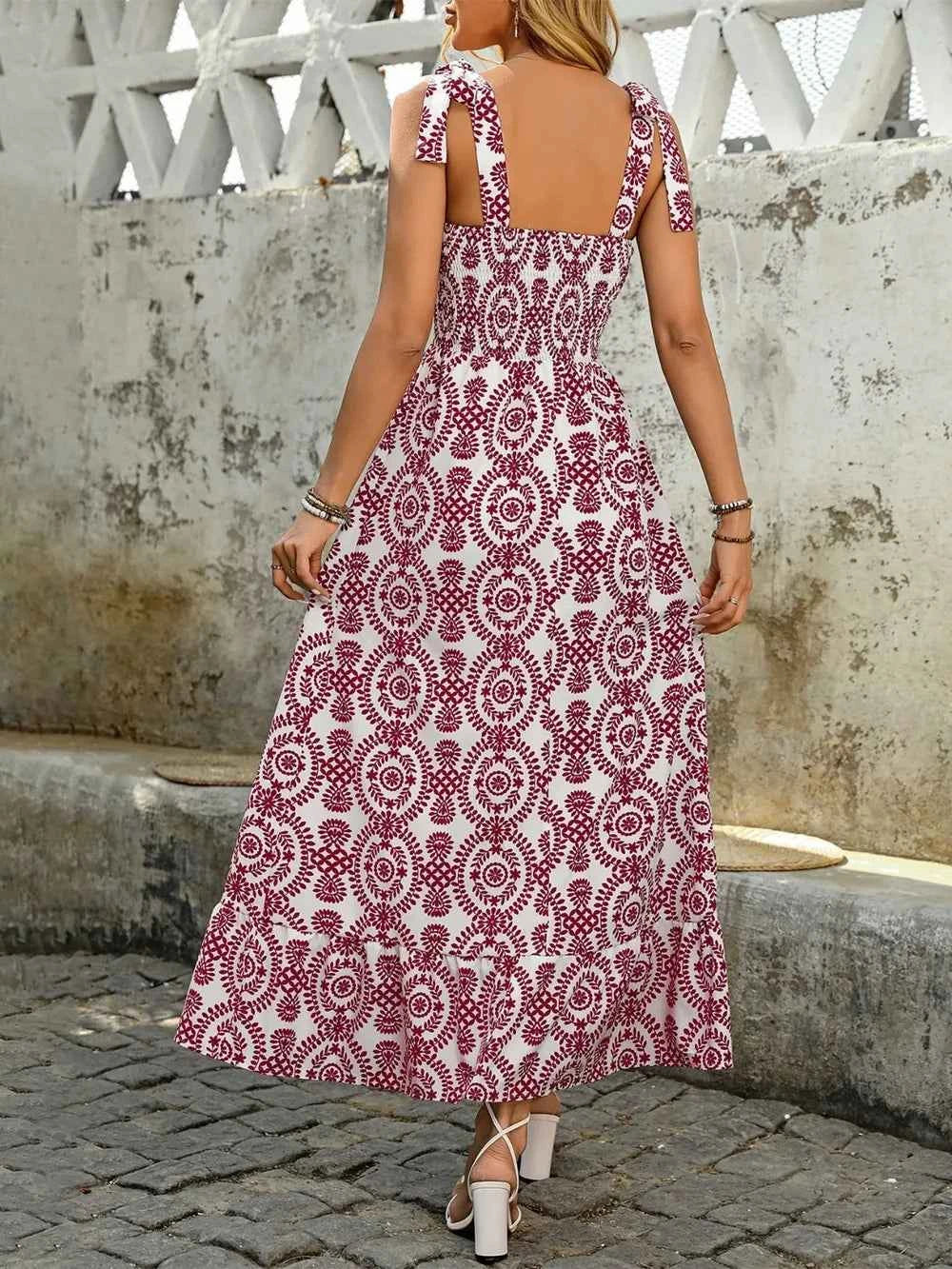 Smocked Slit Printed Tie Shoulder Dress Trendsi