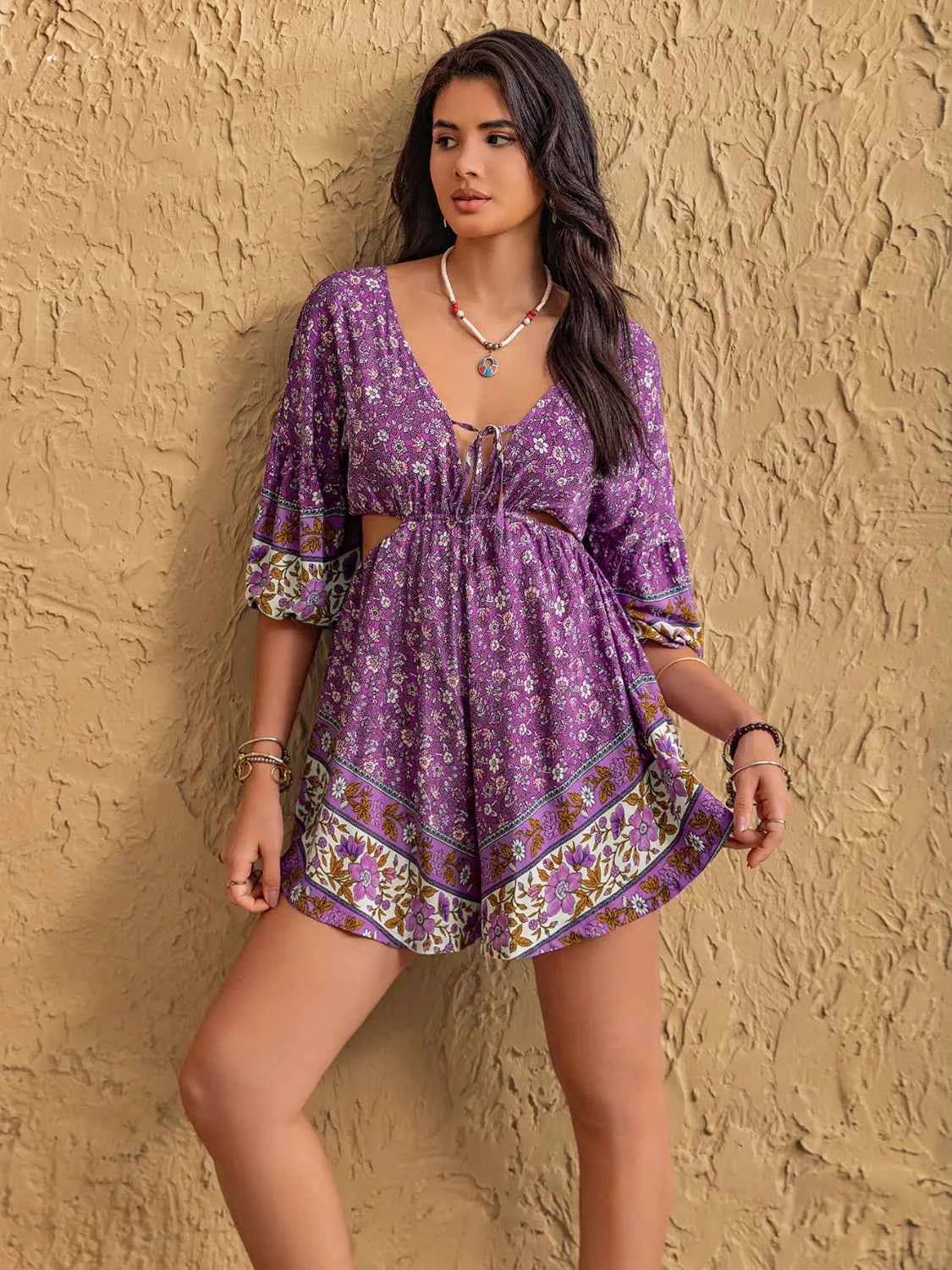 Tied Front Cutout Printed Romper Trendsi