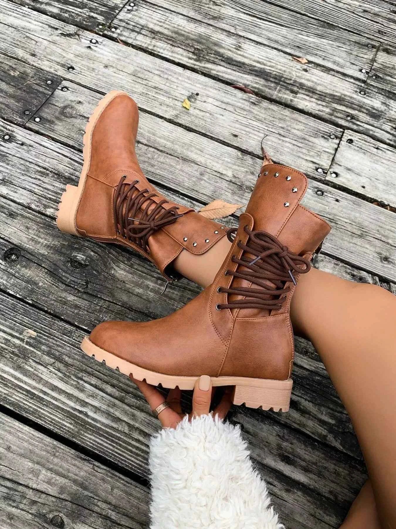 Round Toe Block Heels Boots Trendsi