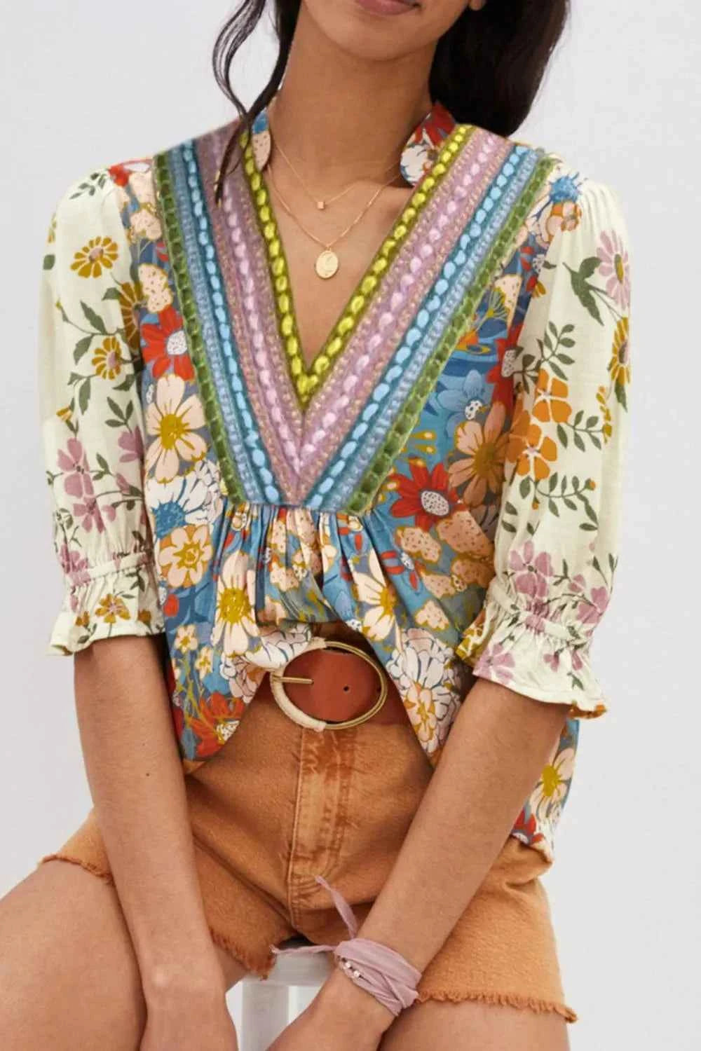 Multicolour Crochet V Neck Half Sleeve Boho Floral Blouse Trendsi