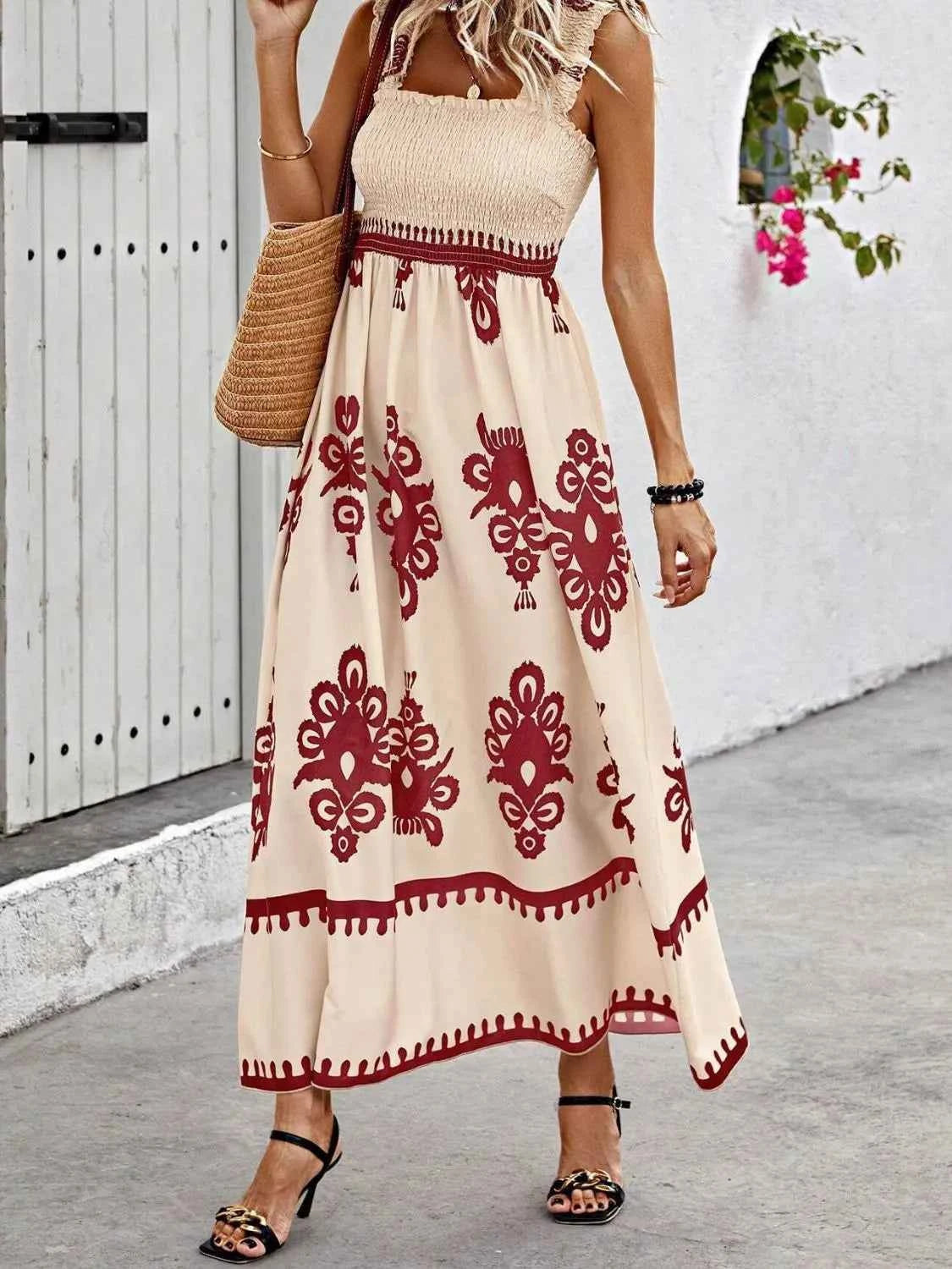 Smocked Printed Wide Strap Maxi Dress Rust Trendsi