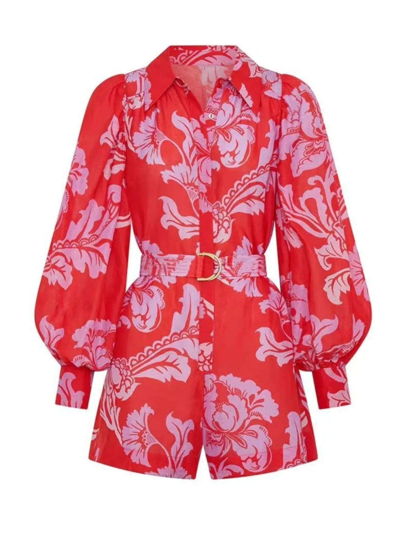 Printed Long Sleeve Belted Romper Trendsi