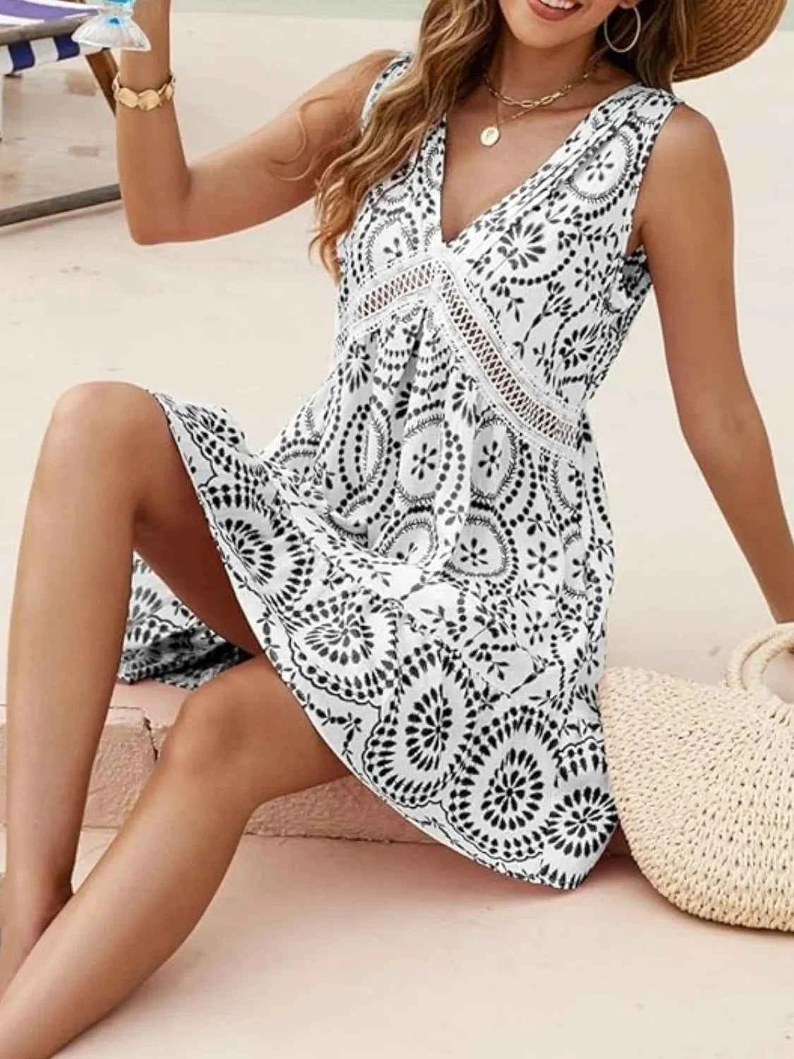 Printed V-Neck Sleeveless Mini Dress Trendsi