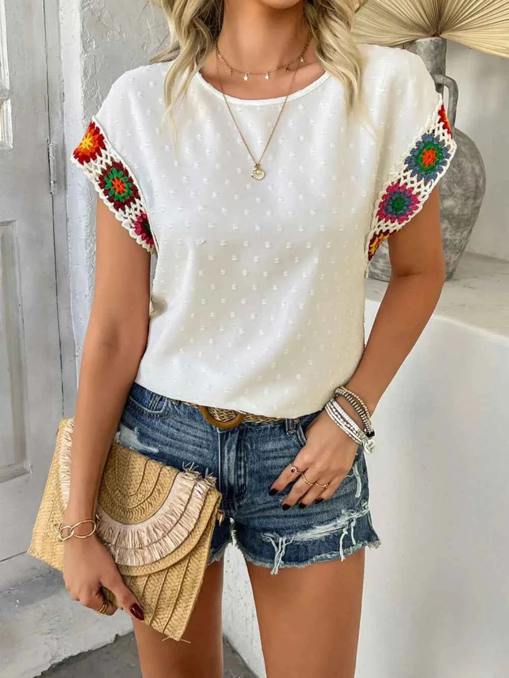 Devine Swiss Dot Round Neck Crochet Short Sleeve Top Trendsi