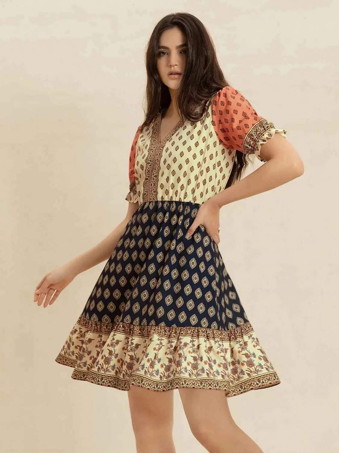 Printed V-Neck Dress with Short Sleeves Trendsi