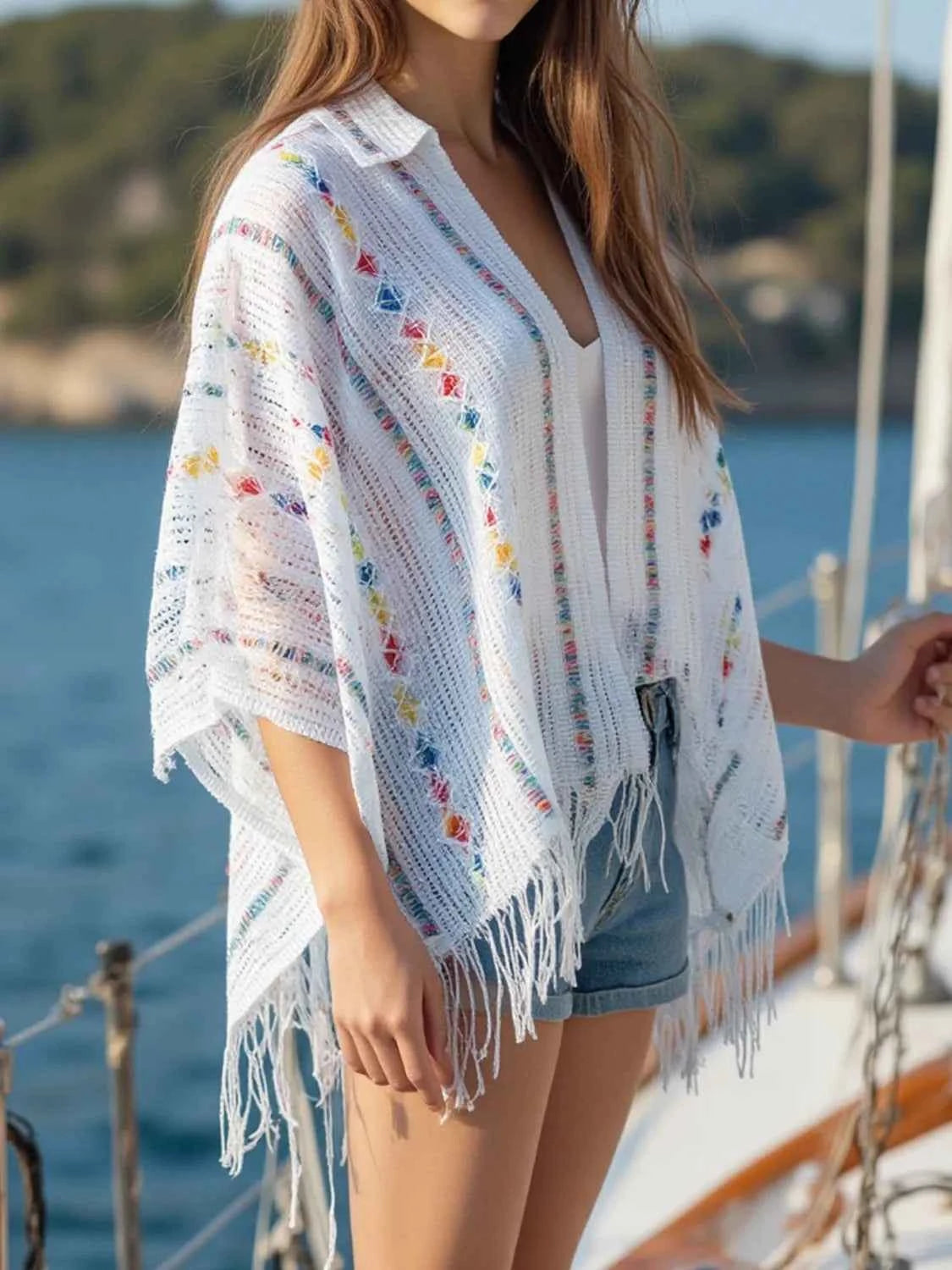 Openwork Fringe Knit Cape - Stylish Open Front Knitwear for Effortless Chic Trendsi