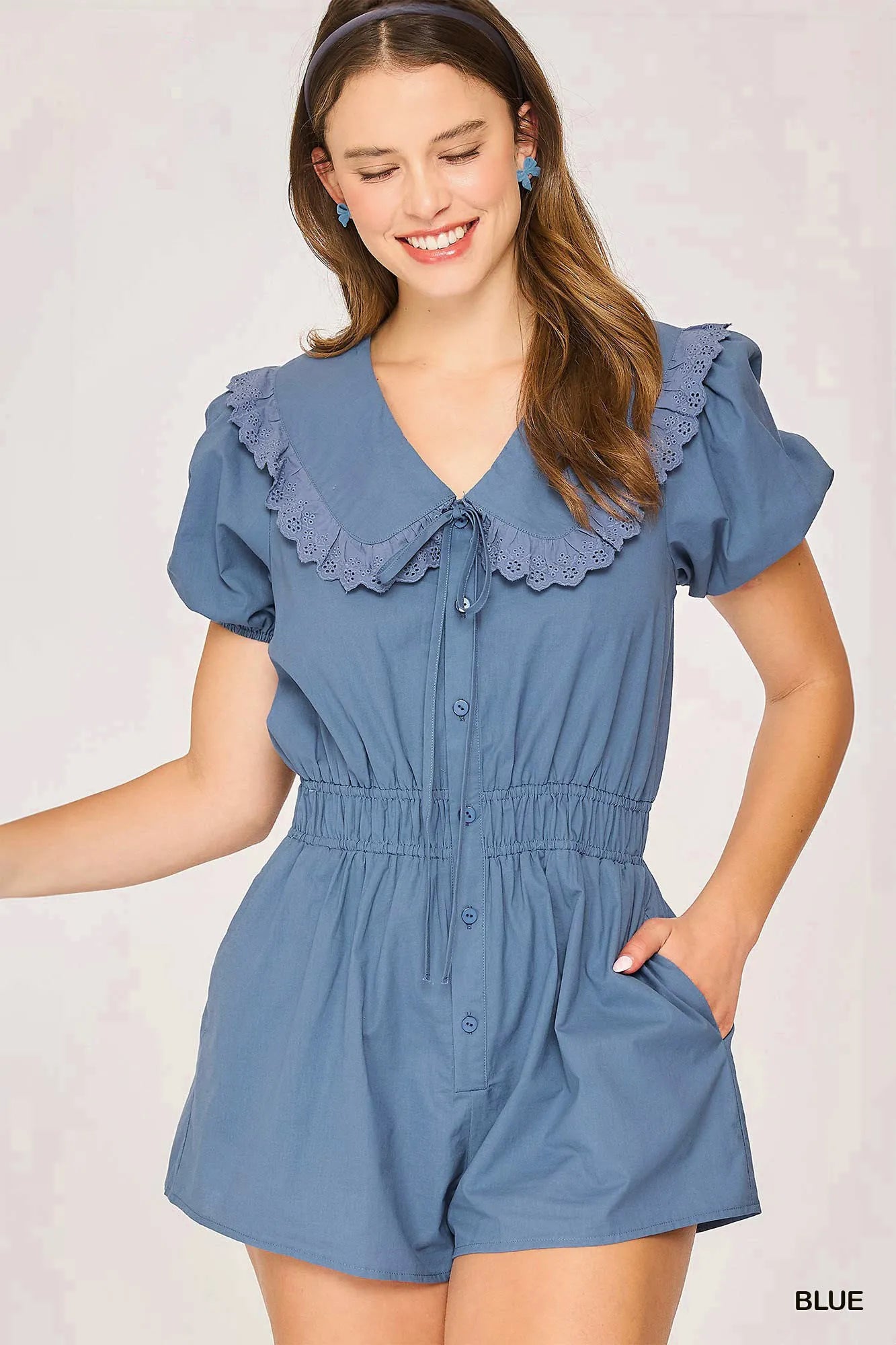 Umgee Collared Short Sleeve Button Down Romper Blue Trendsi