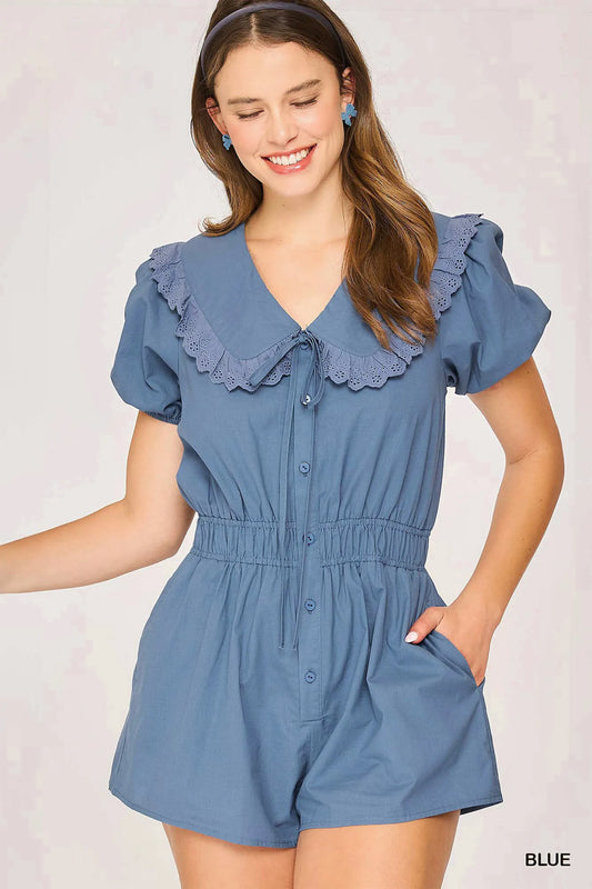 Umgee Collared Short Sleeve Button Down Romper Blue Trendsi