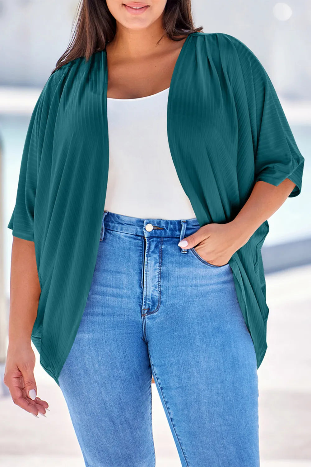 Plus Size Ribbed Cocoon Cover Up Dark Green Trendsi