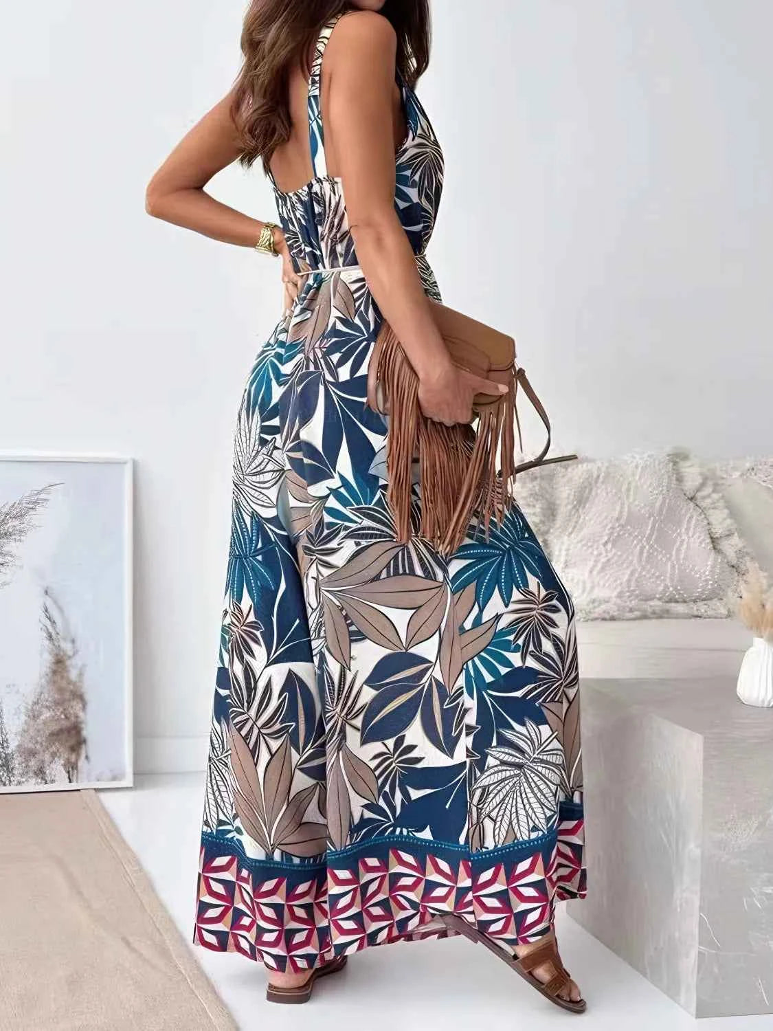 Printed V-Neck Wide Leg Jumpsuit Trendsi