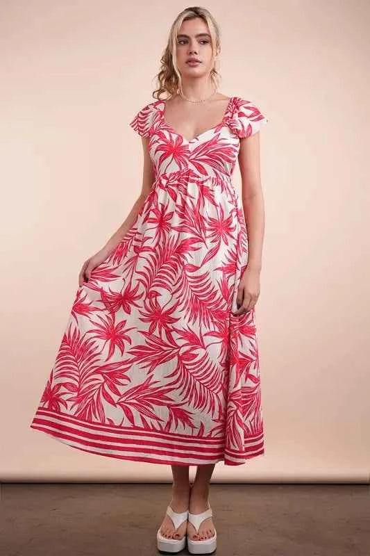 VERY J Tropical Printed Midi Summer Boho Dress Tomato Mix Trendsi