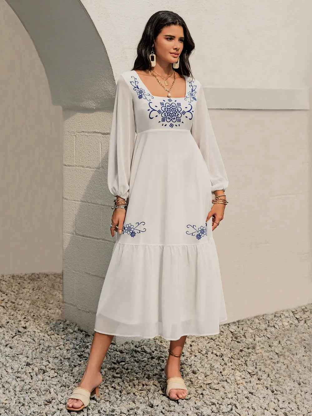 Printed Square Neck Balloon Sleeve Dress Trendsi