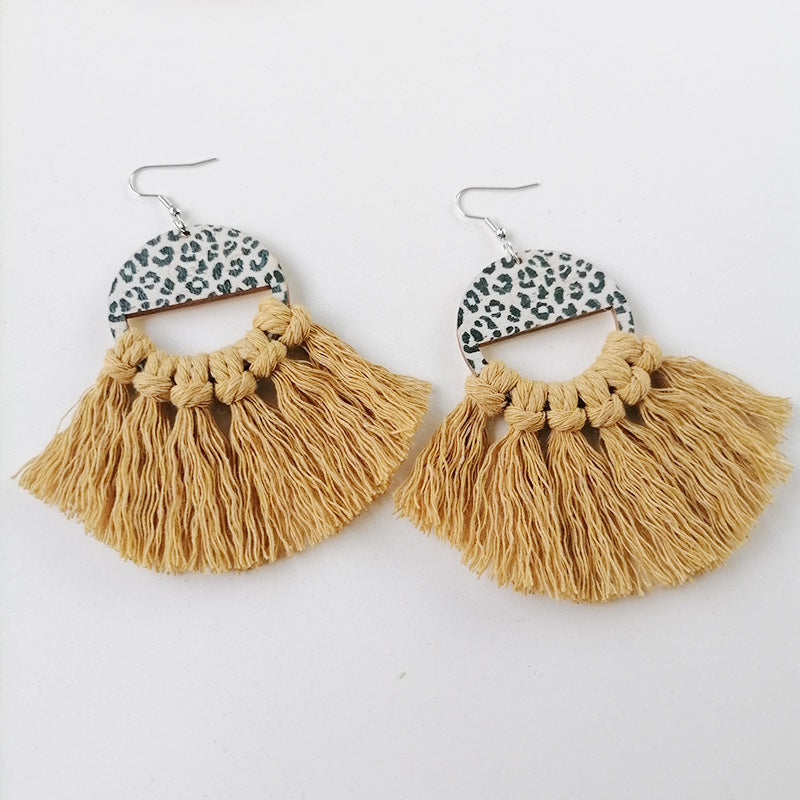 Tassel Detail Leopard Drop Earrings Yellow One Size Trendsi