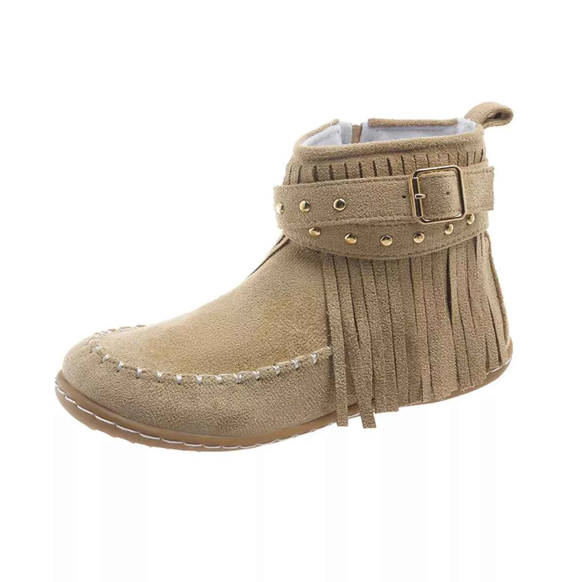 Fringe Round Toe Boots Khaki Trendsi