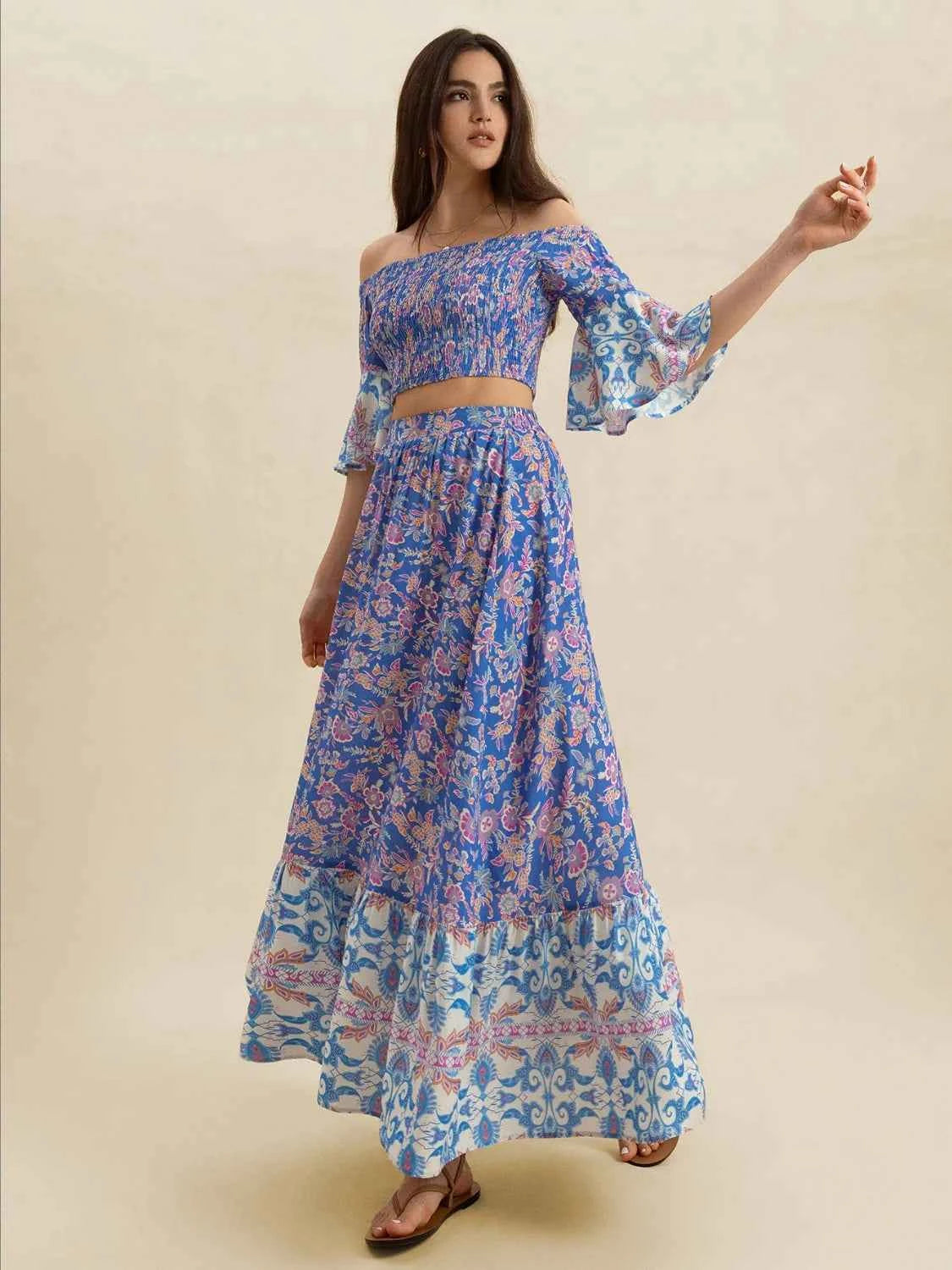 Smocked Off-Shoulder Printed Top and Skirt Set Trendsi