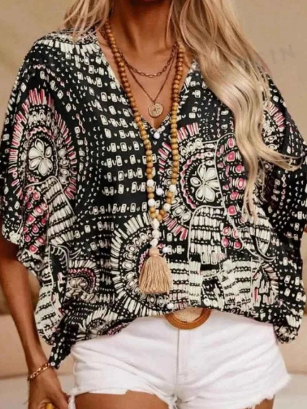 Printed V-Neck Half Sleeve Top Black Trendsi