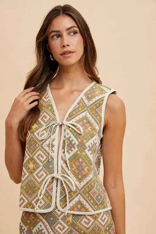 Annie Wear Ethnic Boho Vest - Woven Jacquard Tie Front Design Trendsi