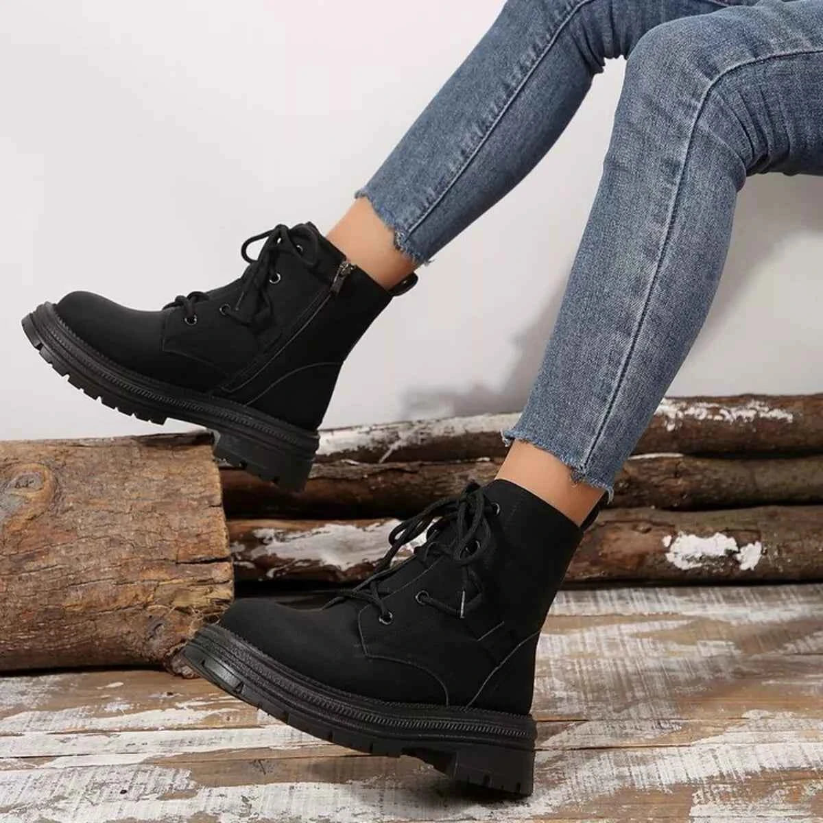 Round Toe Lace Up Platform Boots Trendsi