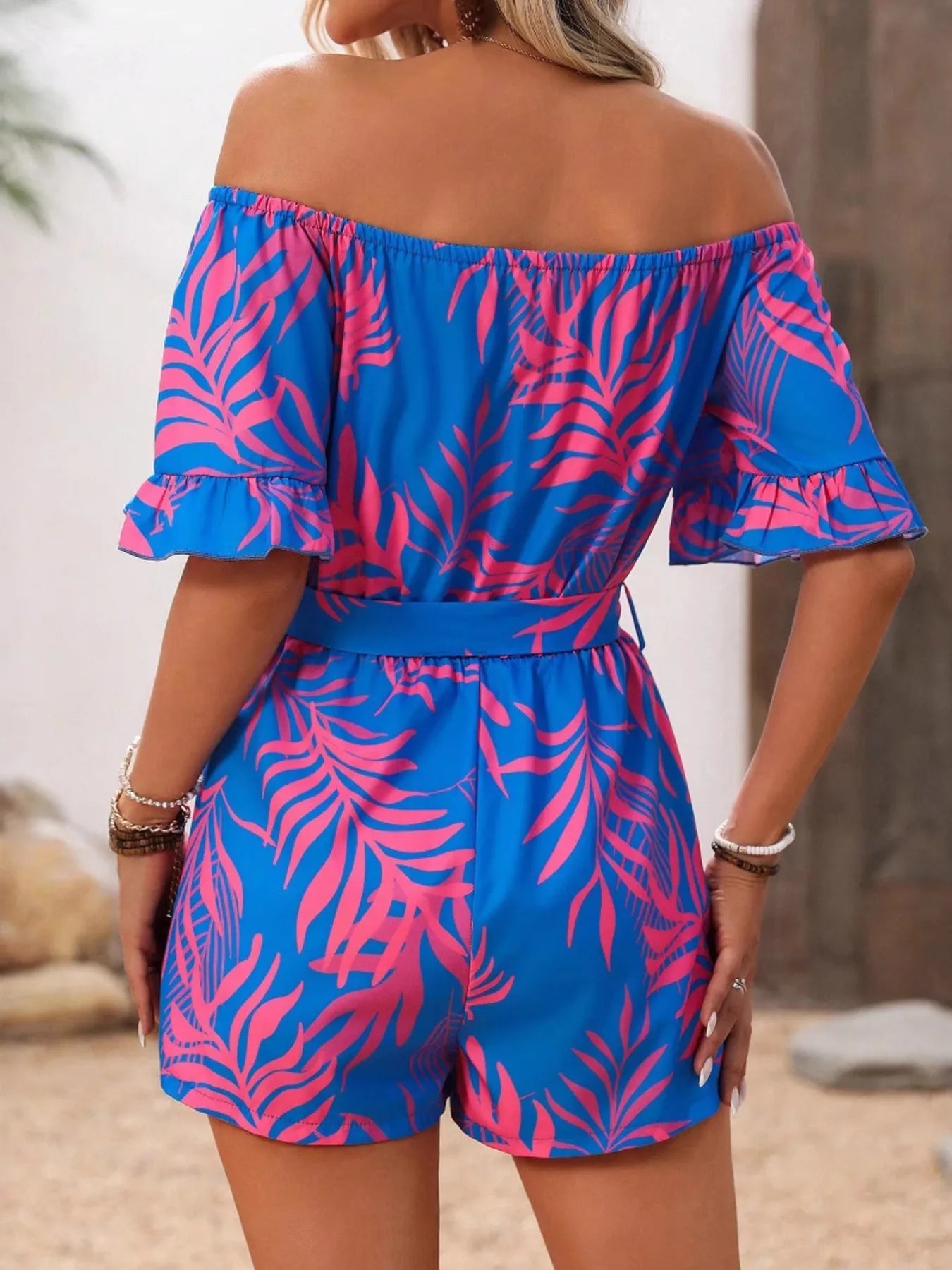 Tropical Print Off-Shoulder Romper Trendsi