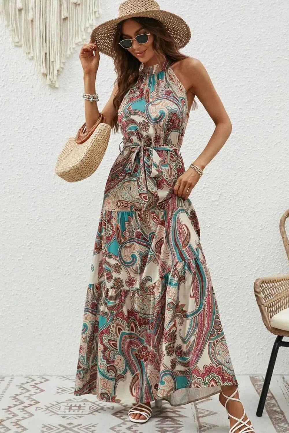 Tied Floral Sleeveless Dress Tan Trendsi