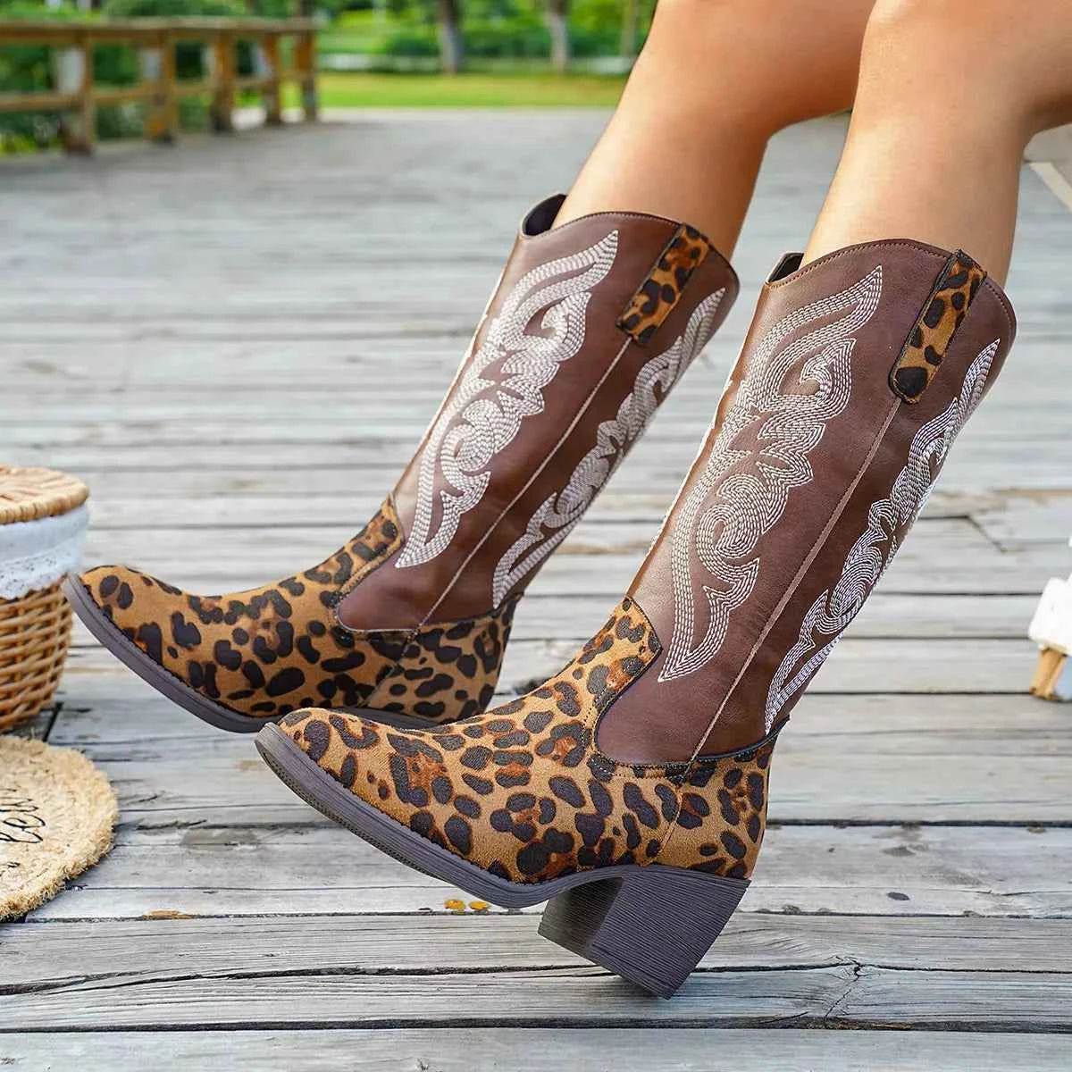 Western Embroidered Mid-Calf Boots Trendsi