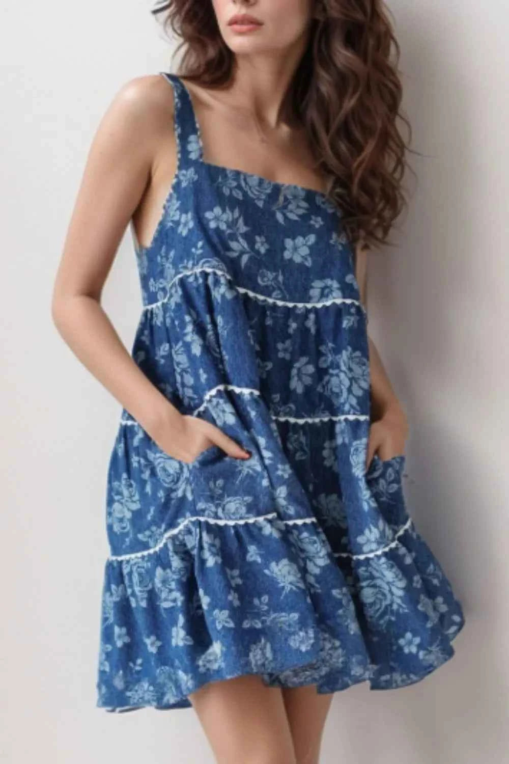 Floral Tiered Denim Dress - Square Neck Mini Medium Trendsi