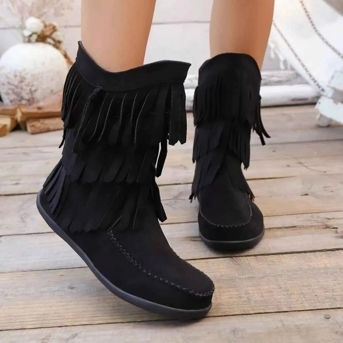 Fringe Round Toe Boots Black Trendsi