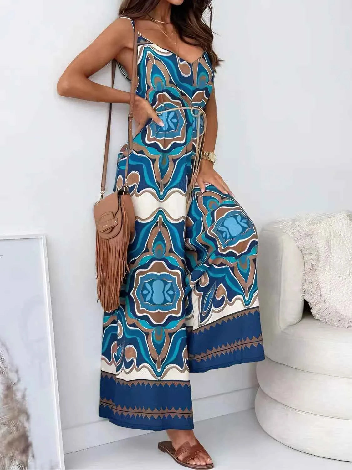 Printed V-Neck Wide Leg Jumpsuit Peacock Blue Trendsi