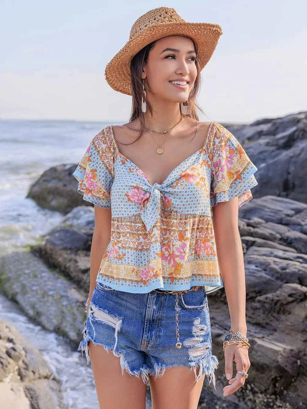 Printed Sweetheart Neck Layered Short Sleeve Blouse Trendsi