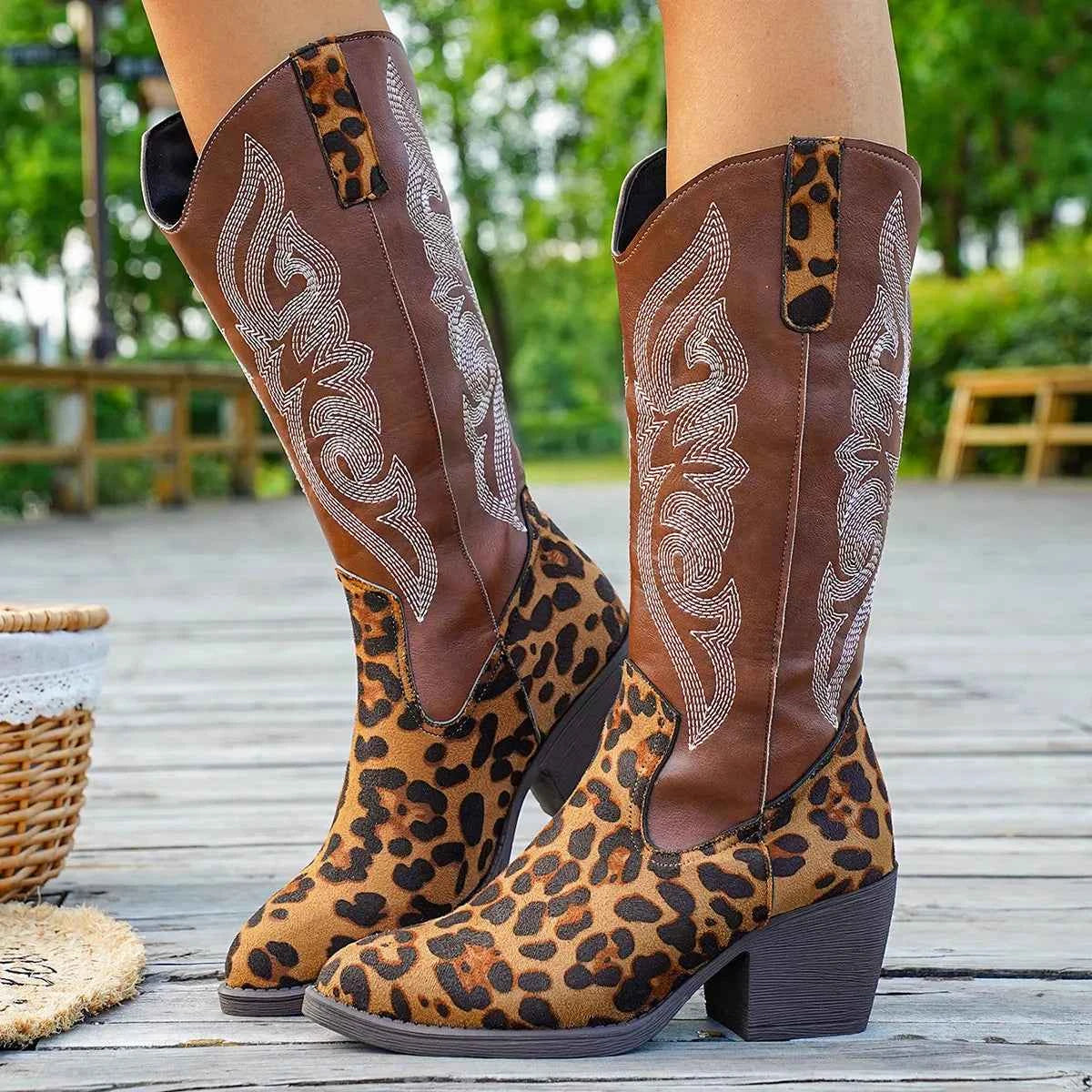 Western Embroidered Mid-Calf Boots Trendsi
