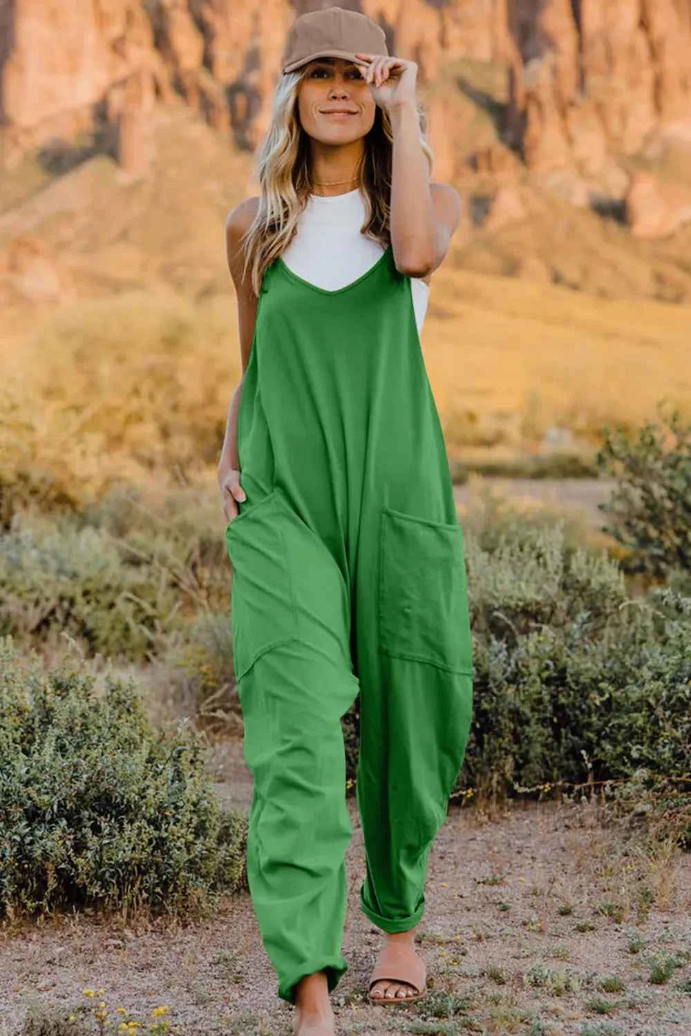 Double Take Full Size V-Neck Sleeveless Jumpsuit with Pockets Green Trendsi