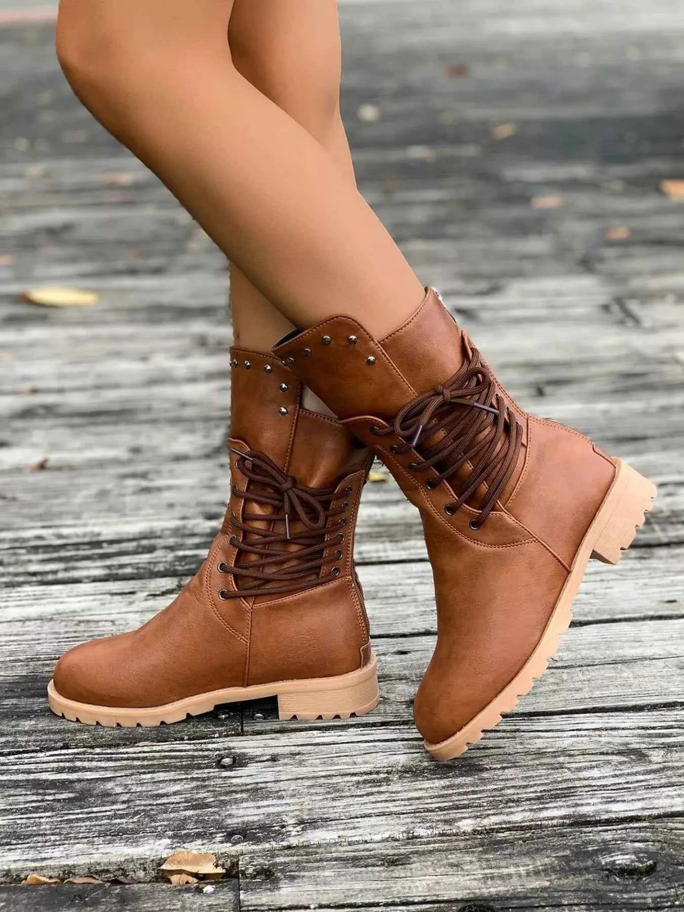 Round Toe Block Heels Boots Brown Trendsi