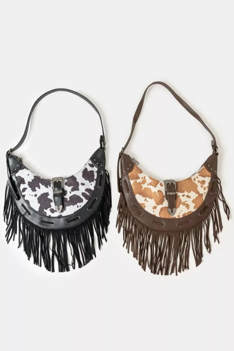 Fame Cow Print Faux Leather Fringe Hobo Bag Trendsi