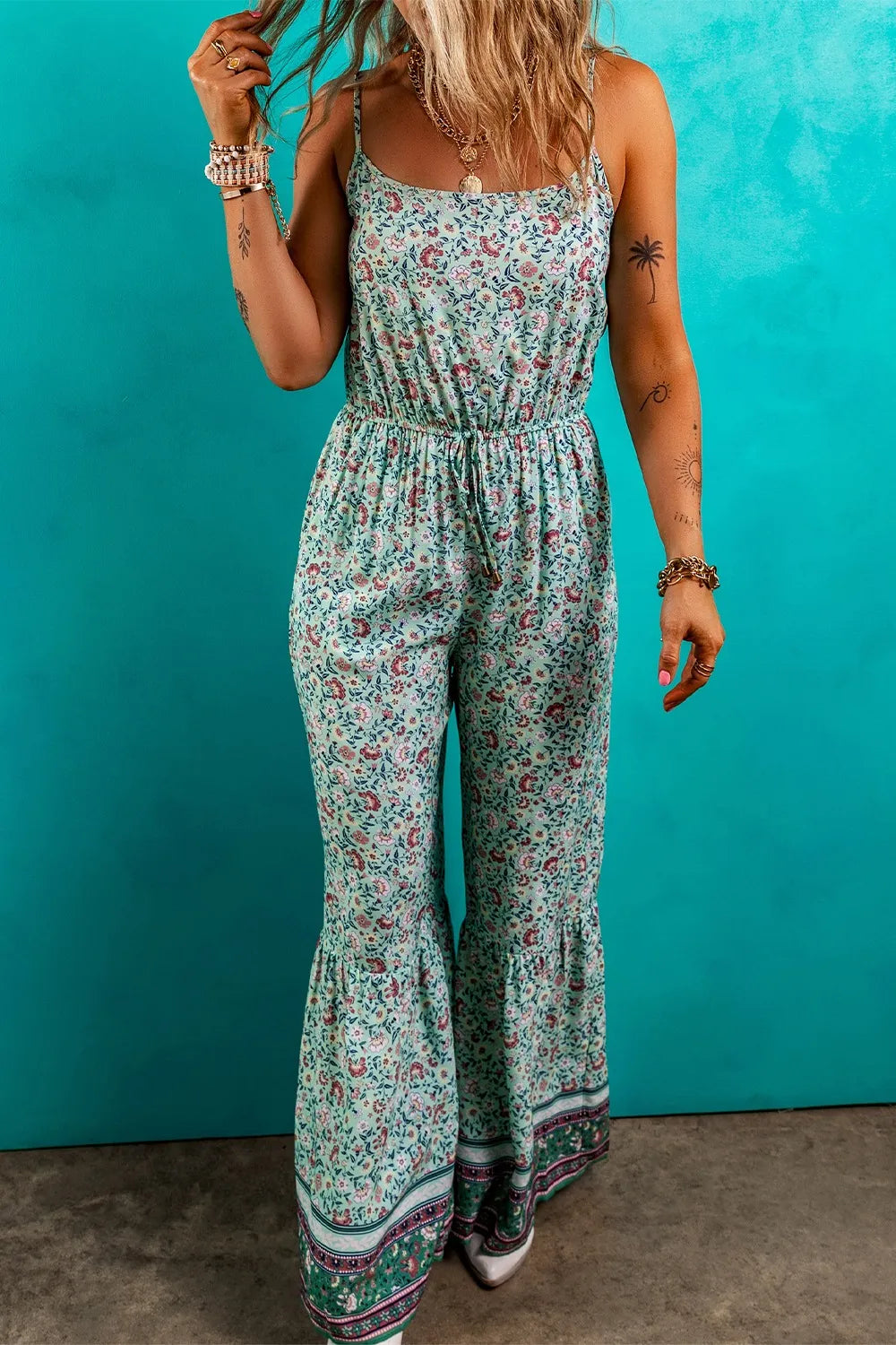 Bohemian Floral Ruffle Bottom Spaghetti Strap Jumpsuit Trendsi