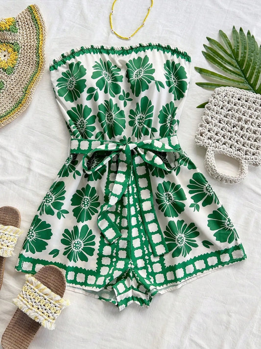 Printed Tube Tie Waist Romper Green Trendsi