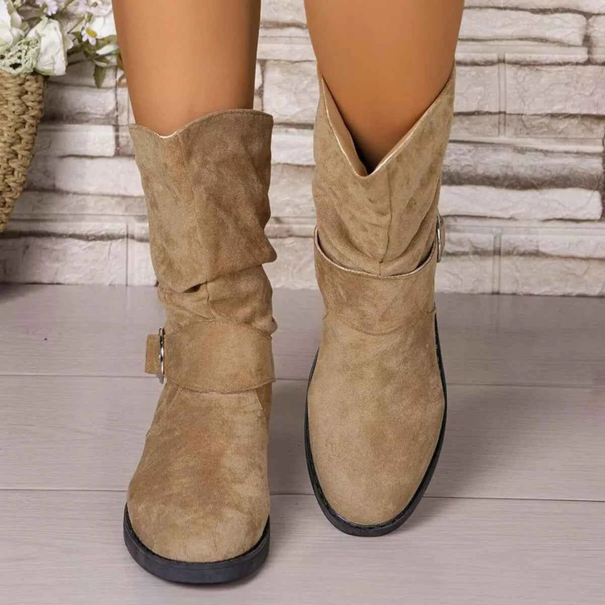 Round Toe Block Heels Boots Khaki Trendsi