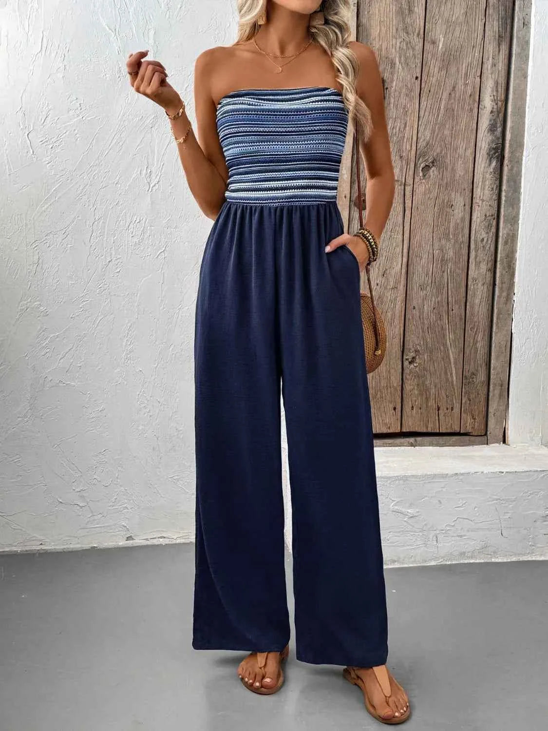 Tube Wide Leg Jumpsuit Dark Blue Trendsi