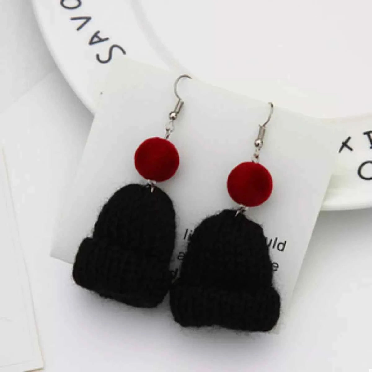 Christmas Knitted Beanie Earrings Black onesize Trendsi