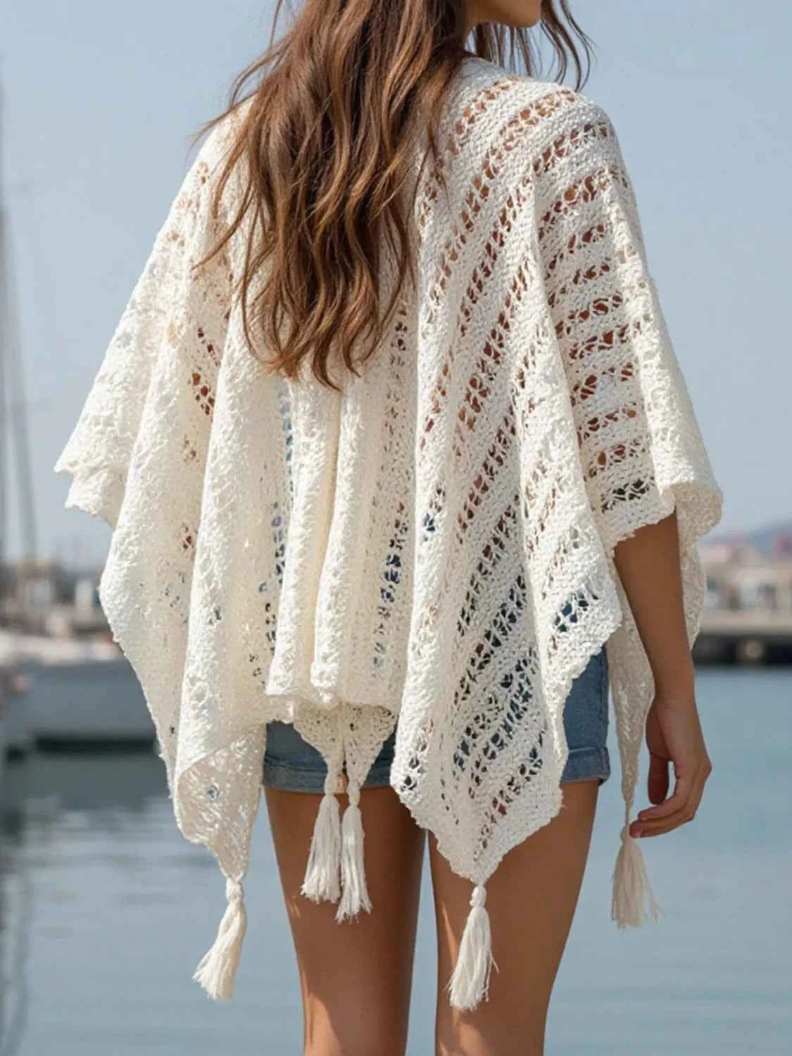Openwork Tassel Open Front Knit Cover Up Trendsi