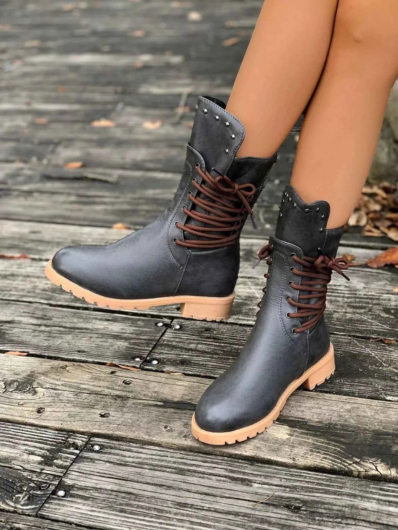 Round Toe Block Heels Boots Trendsi