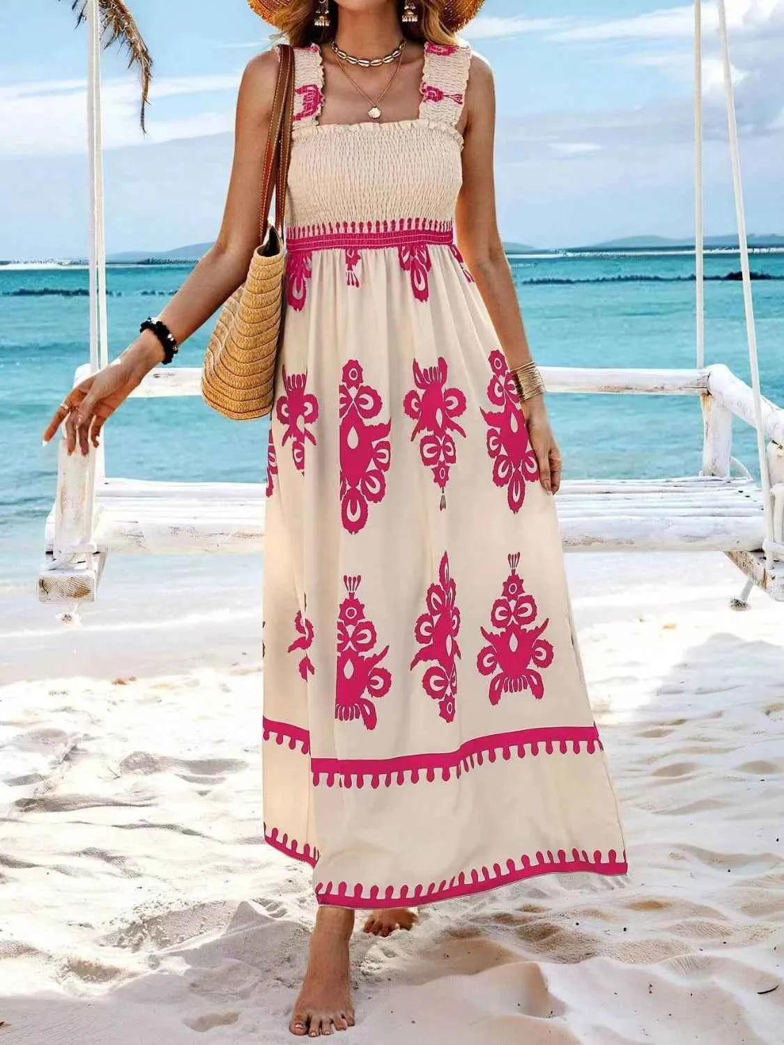 Smocked Printed Wide Strap Maxi Dress Trendsi