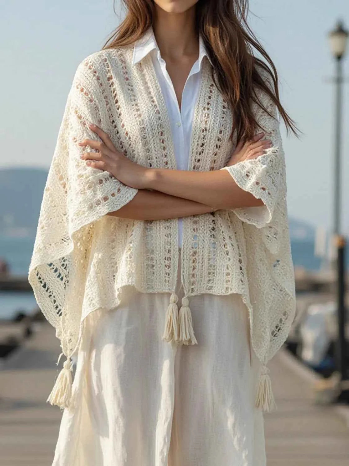 Openwork Tassel Open Front Knit Cover Up Trendsi