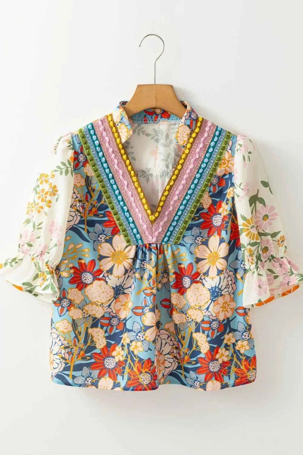 Multicolour Crochet V Neck Half Sleeve Boho Floral Blouse Trendsi