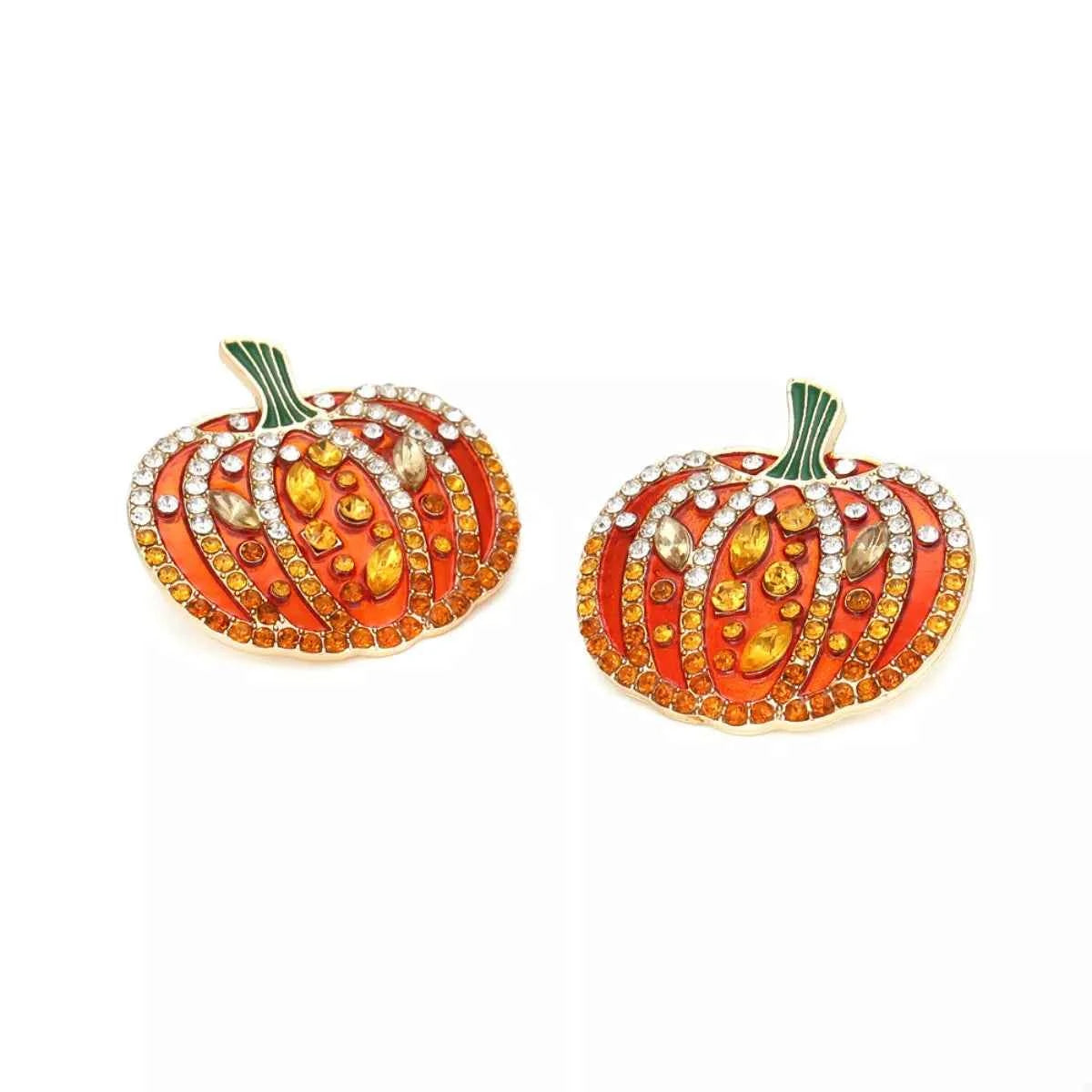 Halloween Pumpkin Rhinestone Stud Earrings - Gold Plated Sparkle Jewelry Trendsi