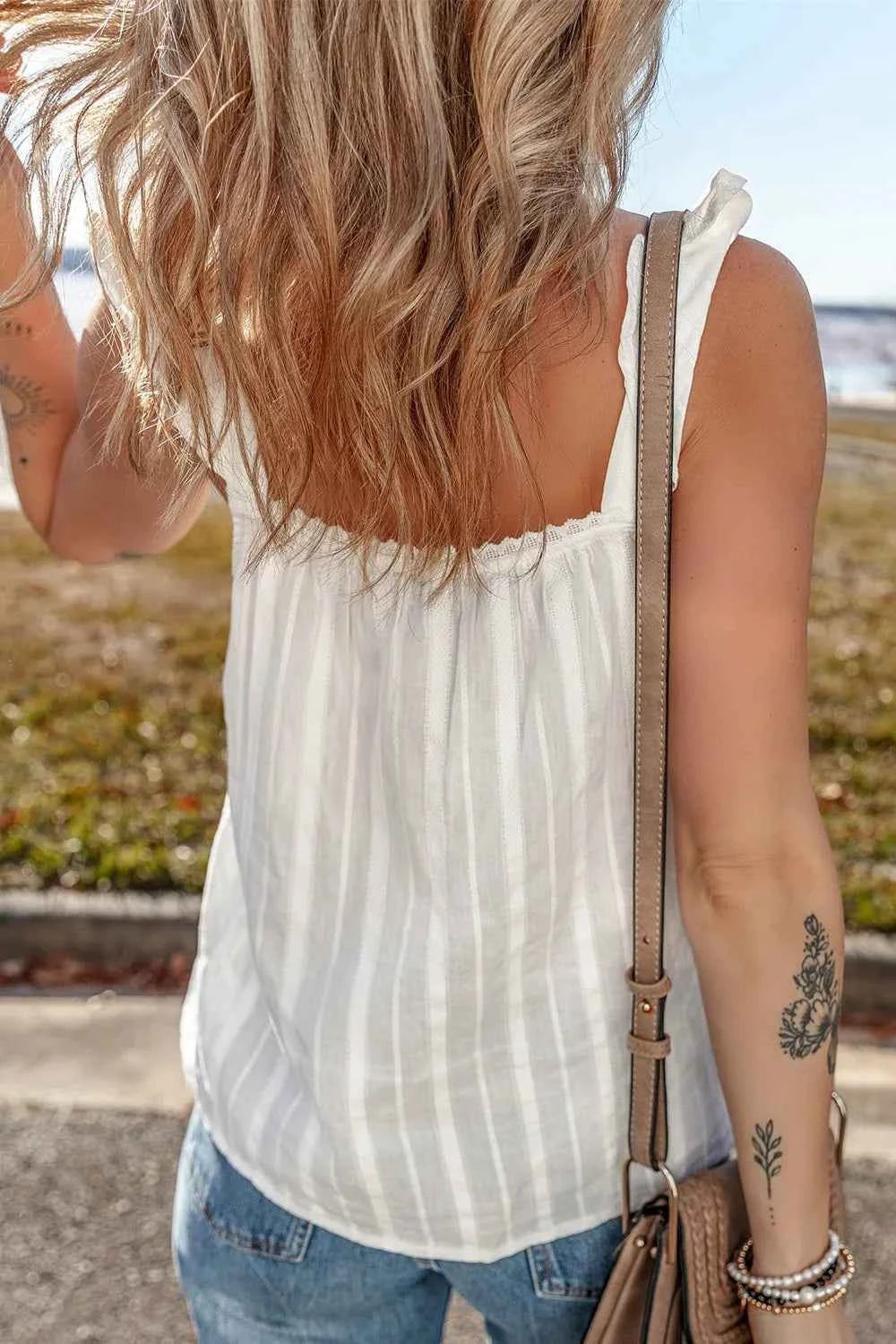 Lace Detail Ruffled Buttoned Loose Fit Tank Top Trendsi