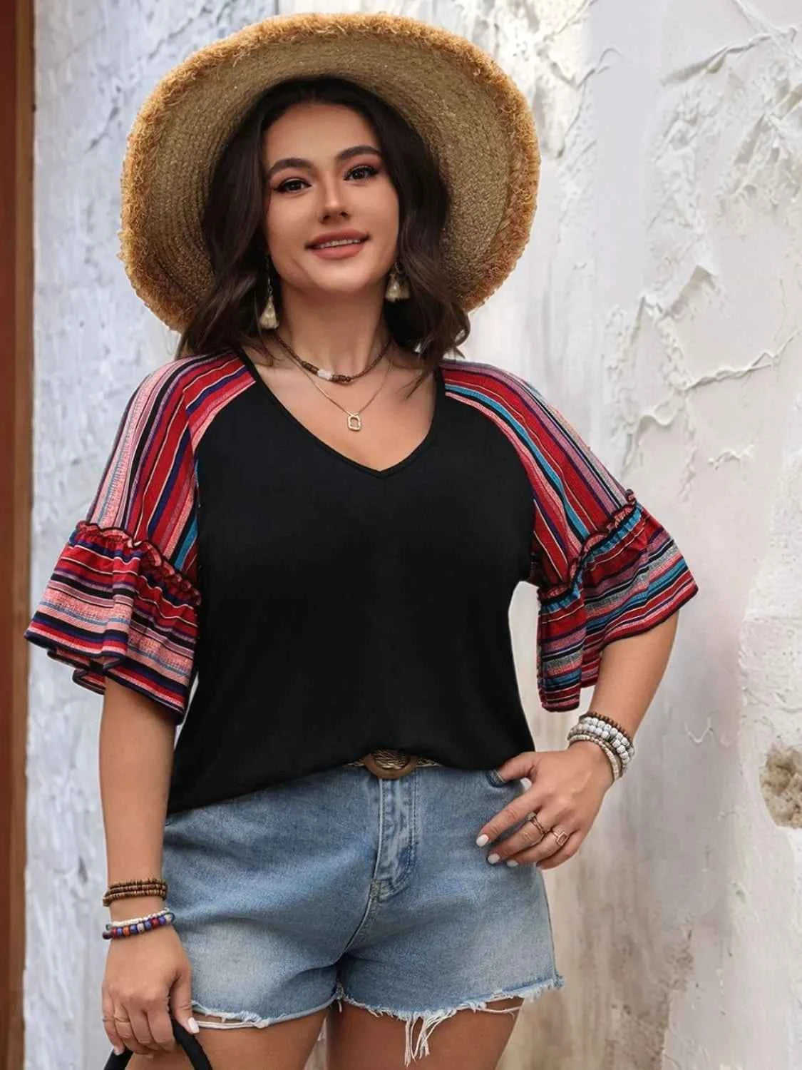 Plus Size V-Neck Flounce Sleeve Top Black Trendsi