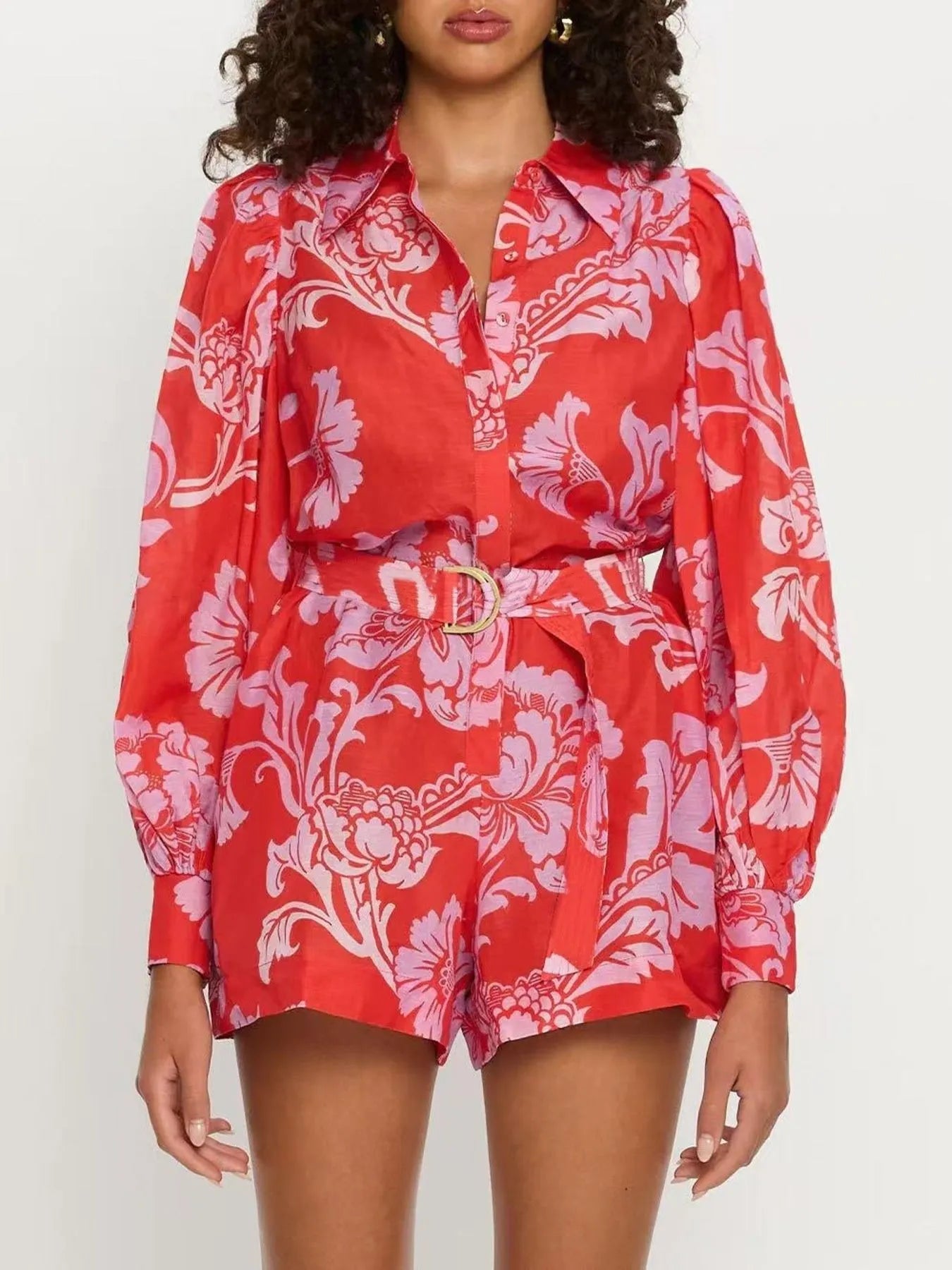 Printed Long Sleeve Belted Romper Red Trendsi